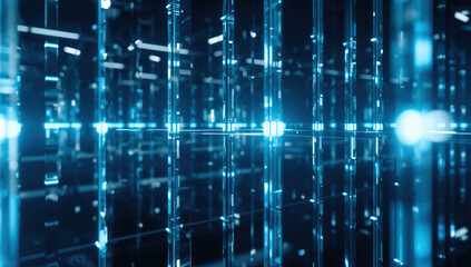 Fototapeta premium Crystalline glass grid with glowing blue light and reflective panels, futuristic ambiance
