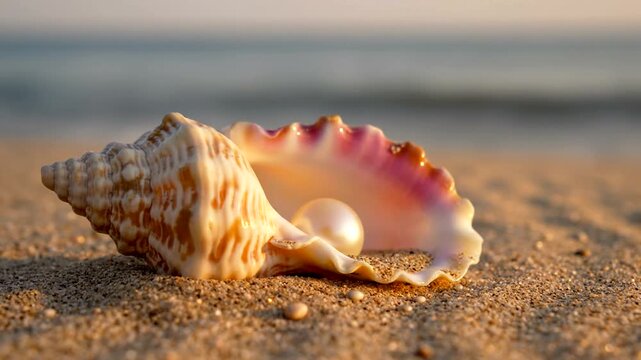 Seashell with pearl on sand.