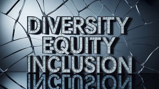 Diversity Equity Inclusion text on shattered glass emphasizing industrial strength and manufacturing