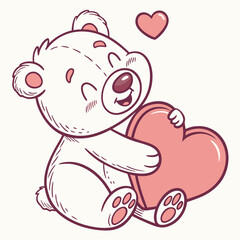 Happy teddy bear with heart, feeling love, Valentine. © Min