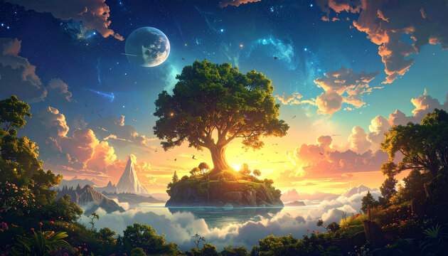 Enchanted floating tree in a magical dreamlike landscape.