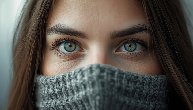 Portrait of green blue eyes and knit scarf covering lower face, soft cinematic lighting