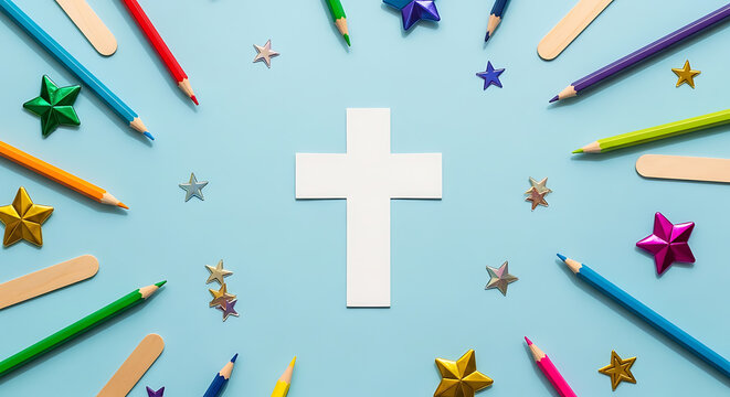 Religious back to school background with cross and art supplies