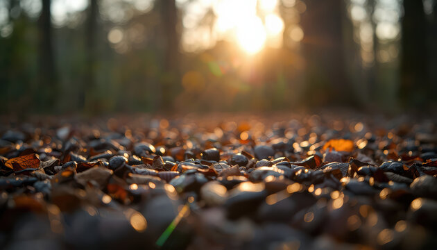Autumn beech nut carpet with warm low sunlight and shallow depth of field