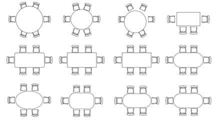 Obraz premium Top View Dining Table and Chair Layout CAD Blocks – Round and Rectangular Seating Furniture Plan Set