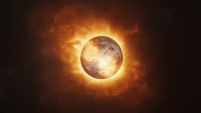 Cinematic full moon with evolving cosmic nebula and fiery explosions in deep space, symbolizing celestial events, apocalyptic scenarios