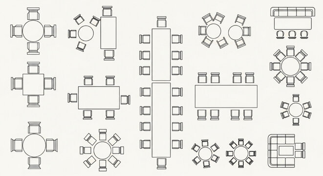 Top View Dining and Conference Table Layout CAD Blocks &ndash; Multi-Seat Furniture Plan Bundle for Interior Space Planning