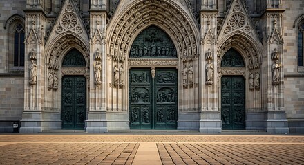 Obraz premium Majestic Gothic Cathedral Entrance Ornate Green Doors Intricate Facade Stone Carvings Sunlight Paving Stones