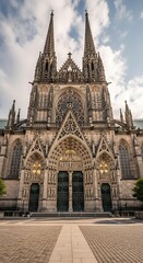 Fototapeta premium Majestic Gothic Cathedral Facade with Intricate Sculptures and Rose Window Under a Cloudy Sky