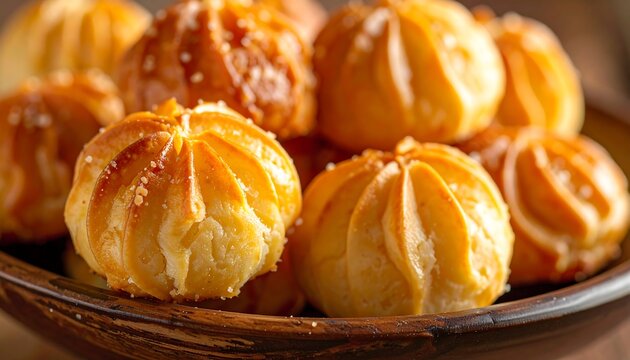 Delicious sweet cream puffs on plate.