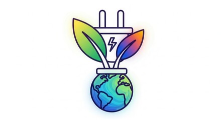 Obraz premium Eco-friendly energy concept: Earth with power plug and green leaves, symbolizing sustainable power.
