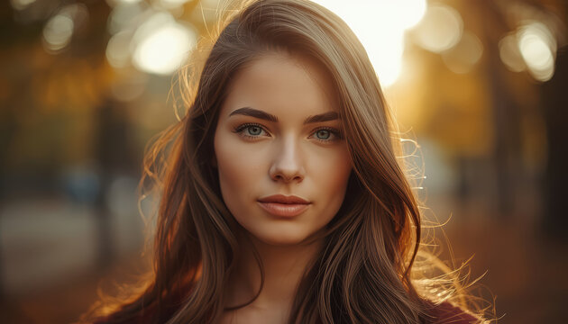 Young woman portrait with warm backlight and autumn bokeh