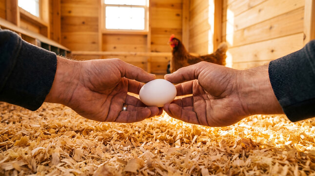Single white chicken egg, smooth calcium shell surface, held between hands in a barn, wooden coop with hen background, farm life photography
