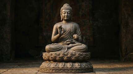 Obraz premium A majestic bronze Buddha statue sits in a serene lotus position within a dimly lit temple, evoking a sense of deep spiritual enlightenment.