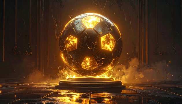 Glowing soccer ball on pedestal