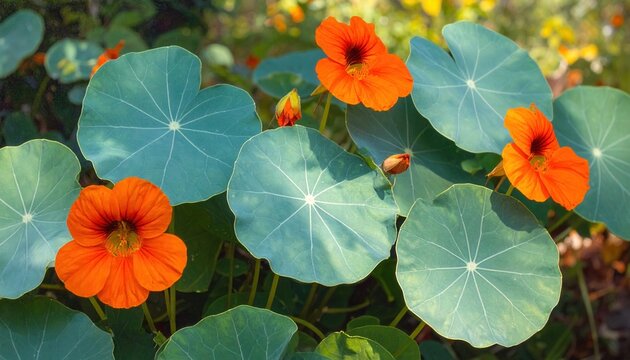 싱그러운 정원에서 활짝 피어난 선명한 주황색 한련화 꽃들과 둥근 연잎 모양의 푸른 잎사귀들이 따스한 자연 햇살 아래 아름답게 어우러진 풍경을 담은 고해상도 매크로 클로즈업 사진 이미지입니다.