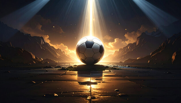 Soccer ball illuminated against dramatic scene
