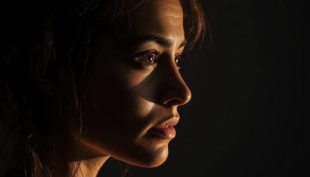 Soft cinematic portrait of woman with warm side light and dramatic shadow