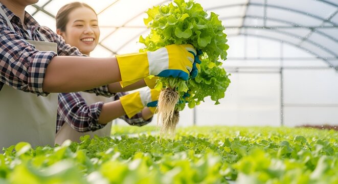 Happy couple harvesting fresh lettuce in a greenhouse, hydroponic farming