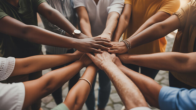 diverse people stacking hands in circle emphasizing clean environment and eco-friendly concepts