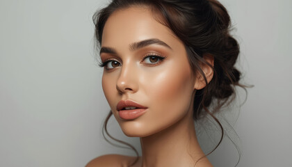 Fototapeta premium Glowing portrait makeup natural glow portrait makeup beauty brown eyes glossy lips updo