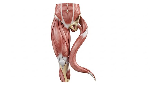 Detailed Anatomical Illustration of Human Thigh and Hip Muscles.