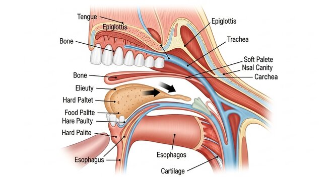 Anatomical Illustration of the Human Mouth and Throat Structures.