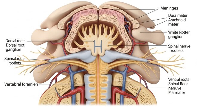 Detailed Anatomical Illustration of the Human Spinal Cord and Meninges.