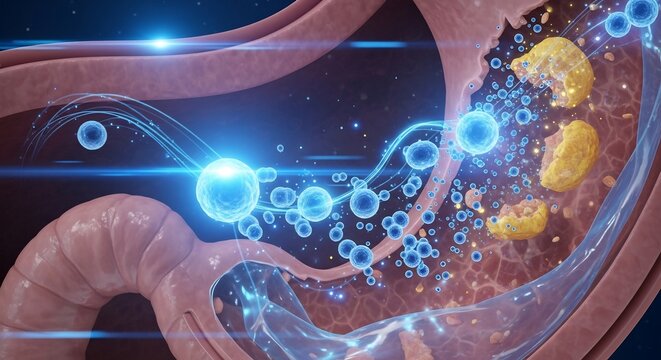 Digestive System Health and Nutrient Absorption Process Visualization.