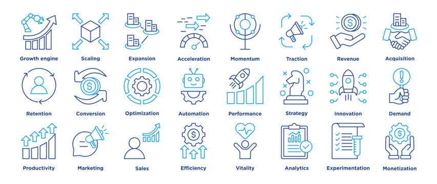 Growth Engine icon collection set. Containing growth, engine, scaling, expansion, acceleration, momentum, traction, revenue, acquisition, retention.