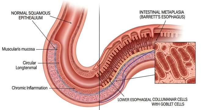 Barretts Esophagus vs Normal Squamous Epithelium Microscopic Anatomy Comparison.