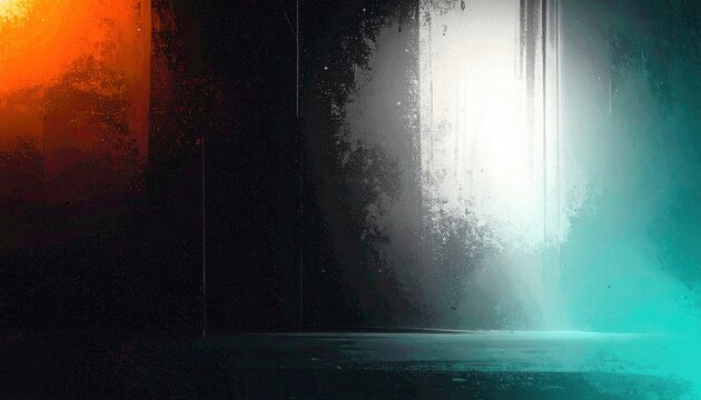 거친 질감의 어두운 콘크리트 공간에 주황색, 흰색, 청록색의 강렬한 빛이 대비를 이루며 미래지향적이고 기술적인 분위기를 자아내는 추상적인 배경 이미지입니다.