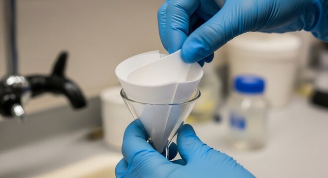 Scientist performing filtration in a laboratory setting with blue gloves.