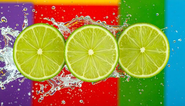 Refreshing lime slices in sparkling water with vibrant colorful background