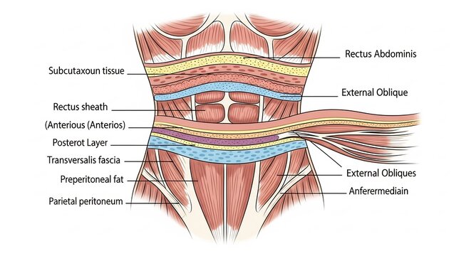 Detailed Anatomical Illustration of Human Abdominal Muscles and Layers.