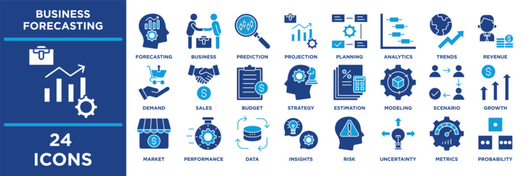 business forecasting icon collection set. Containing strategy, estimation, modeling, scenario, growth, market, performance, data, insights, risk, uncertainty.