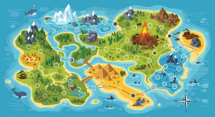 Fototapeta premium Detailed game level map of a fantasy island showing biomes such as volcanoes mountains forests and desert areas.