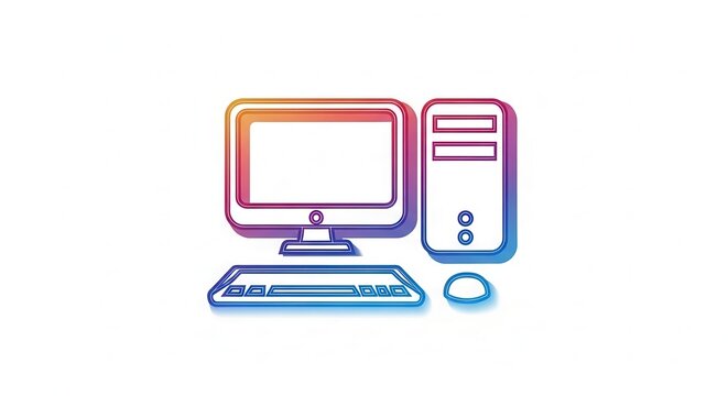 Colorful Gradient Outline of a Desktop Computer with Monitor, Keyboard, and Mouse on White Background
