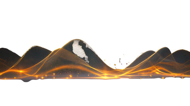 Paysage de montagne abstrait avec des ondes lumineuses dor&eacute;es et des tra&icirc;n&eacute;es d'&eacute;nergie sur un fond blanc pur, design panoramique moderne.
