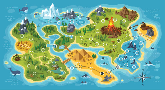 Detailed game level map of a fantasy island showing biomes such as volcanoes mountains forests and desert areas.
