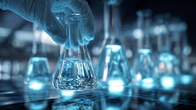 Lab experiment with glowing chemical flask.