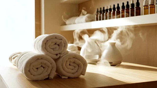 Spa towels and aromatherapy products.