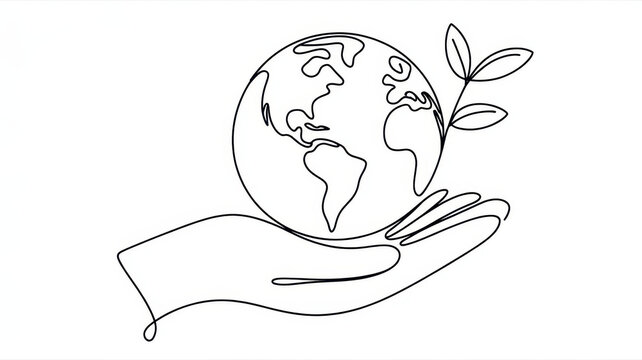 premium Continuous line art drawing of a human hand holding the planet Earth with leaves isolated on white background background