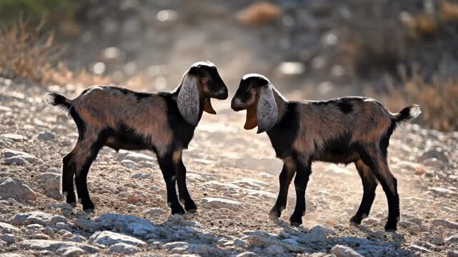 Two young goats playfully headbutting each other on a rocky hillside.