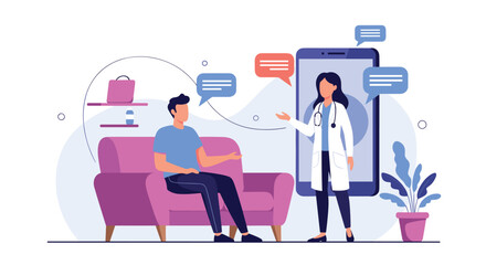 Fototapeta premium Patient sitting on a sofa and consulting with a female doctor through a large smartphone screen representing telemedicine services.