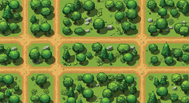 Isometric forest landscape game assets, top down view of green trees and dirt paths, stylized nature environment vector for map design