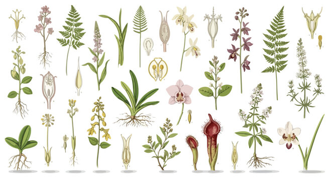 Vintage botanical illustration set, antique hand drawn wild flowers and forest ferns, collection of 30 botanical vector elements for scientific study