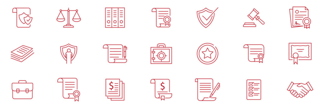 Legal document icon set. Containing contract, agreement, passport, ID card, certificate, license, patent, testament and more. Outline icons vector collection. Editable Stroke Icon Collection.