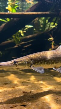 Longnose Gar Fish Swimming in Shallow River Water.