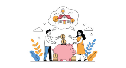 Fototapeta premium Young couple putting gold coins into a large piggy bank while dreaming of buying a new house in the background.
